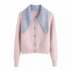 Cardigan sweater baby pink blue collar Girl’s Womens Small Long Sleeve