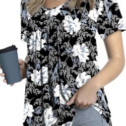 LONGYUAN Women's Casual Shirts Short Sleeve Tops Loose Flowy Tunic Cute Pleat...