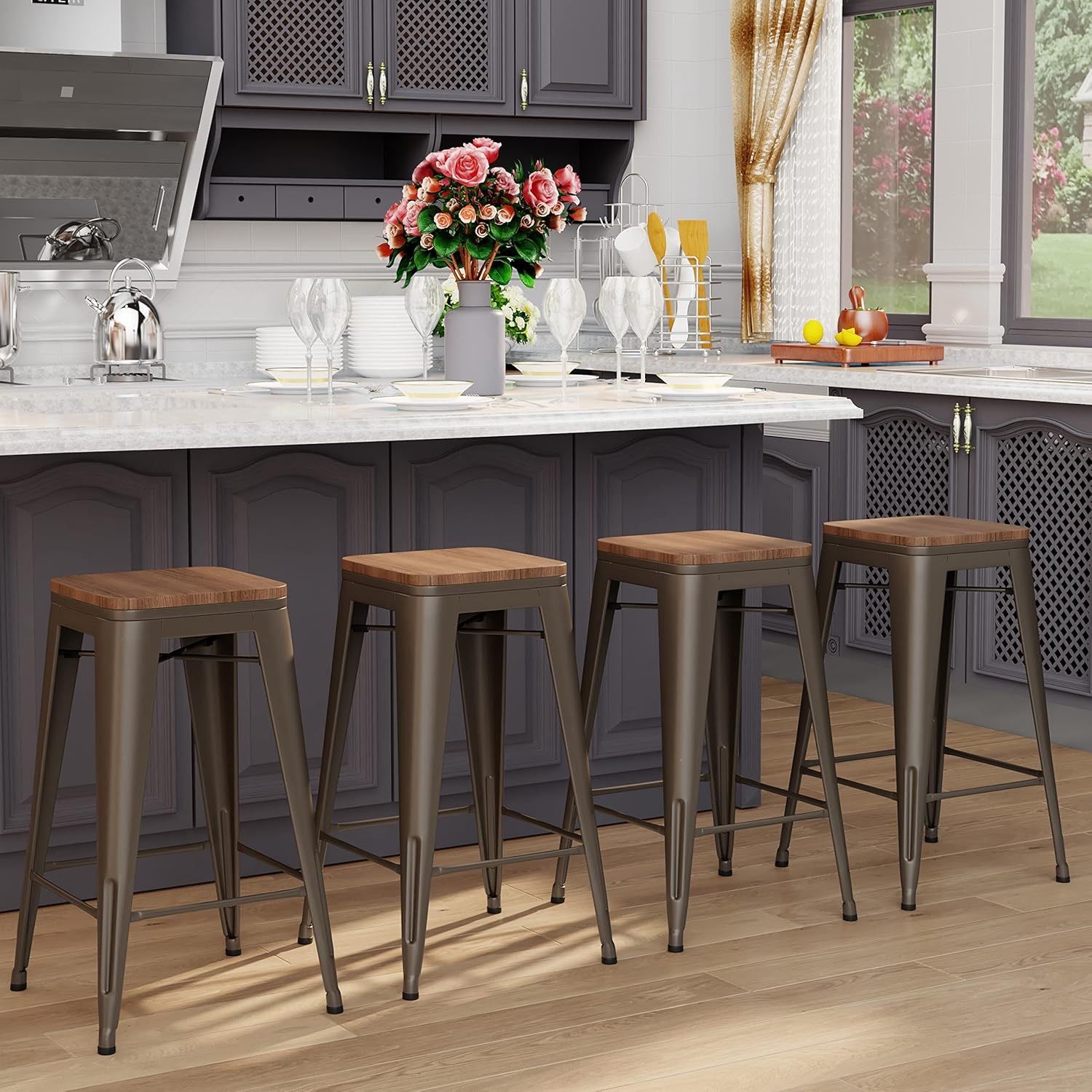 26 inch Bar Stools Set of 4 Counter Height Stackable Bar Stool Backless Metal Barstools Rusty Counter Stools Indoor for Kitchen & Island&Dining Chairs
