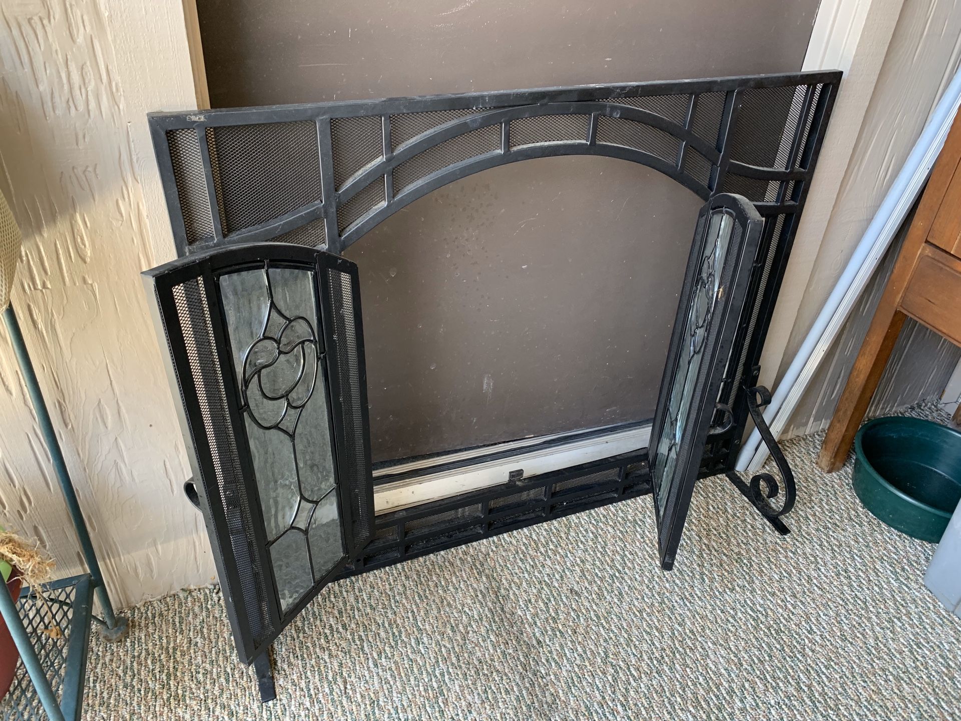 Black Iron and Glass Fireplace Screen