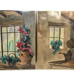 Vintage Antique Glass Frame Canvas Painting "Country Window" by Artist Alberto