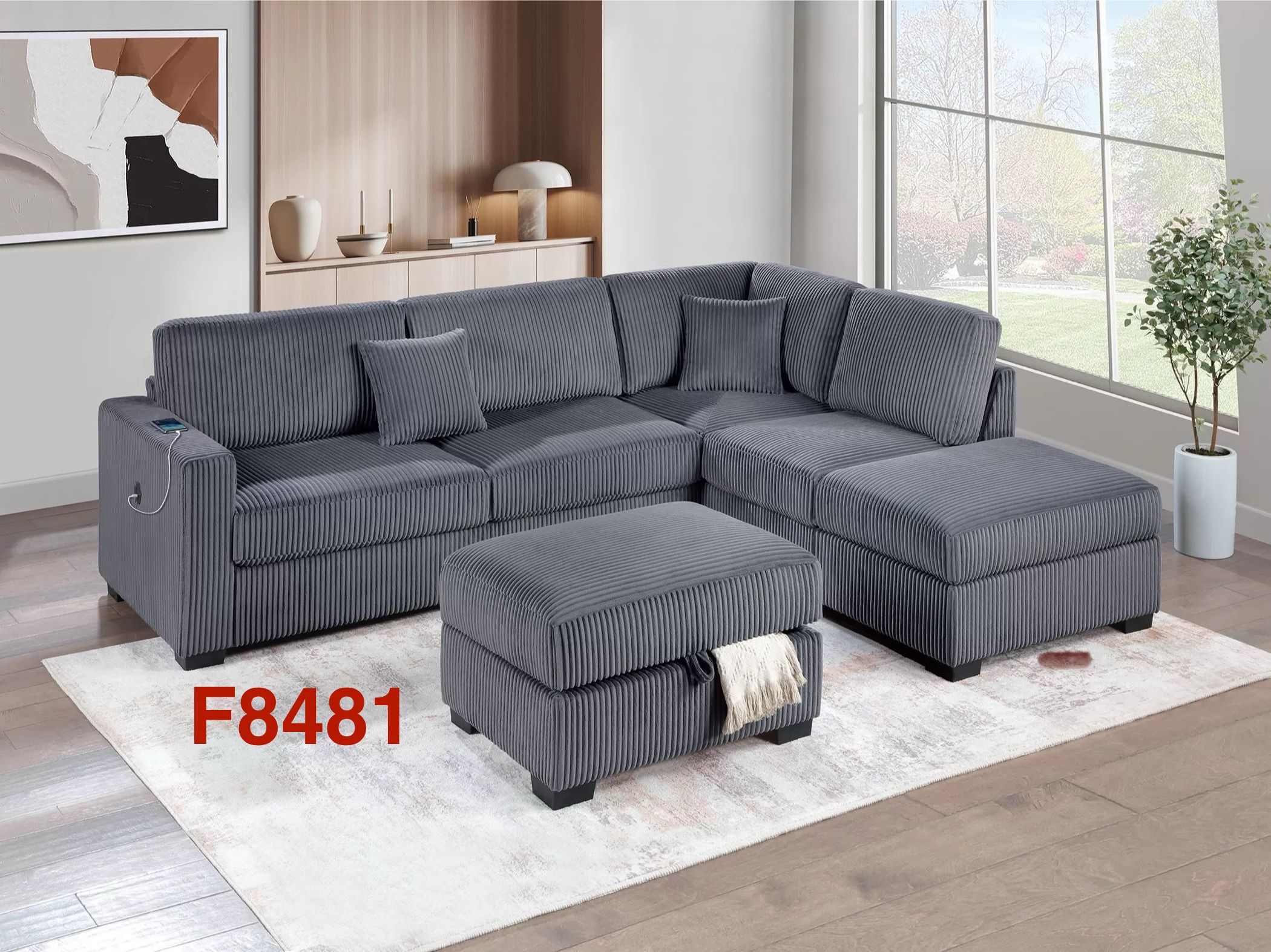 DARK GREY CORDUROY SECTIONAL WITH STORAGE OTTOMAN