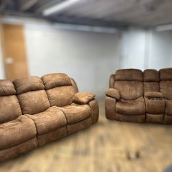 Free Delivery- Flexsteel brown sofa couch + loveseat recliner