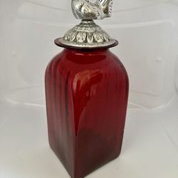 Vintage Red Glass Amber Canister With Rooster pewter lid. Made in Mexico