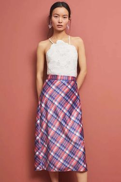 Anthropologie Plaid Midi Skirt Plaid Bias Cut  Midi Skirt High Waist Preppy sz 2