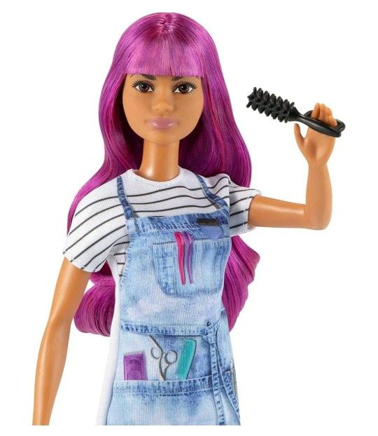 Barbie Careers Fashion Doll & Accessories, Salon Stylist with Purple Hair Wearing Removable Outfit with Tie-Dye Smock, Blow Dryer & Brush