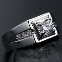S925 Silver White Gold Plated 1CT Round CZ Mens Ring