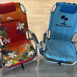 Set of 2 Tommy Bahama Folding Backpack Beach Chairs with Cooler and Cup Holder
