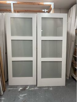 I have (2) Bedroom door bathroom doors closet door 3 panels shaker frosted glass 32x80” solid barn door  I have (2) beautiful interior door barn doors