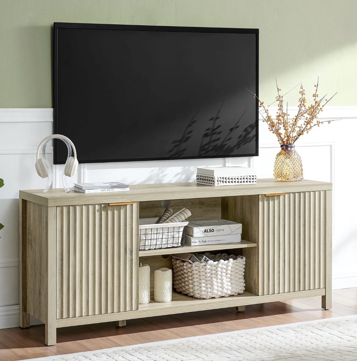 <<Holiday Sales>>Fluted TV Stand,Entertainment Media Center for 65”TV,Mid Century Modern Caninet TV Console w/Storage