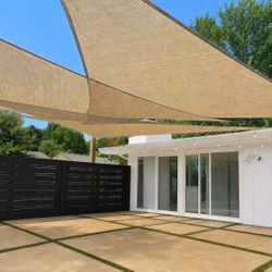 New In Box $15 Each 16x16x22.5 Inch Large Triangle Shape Sun Sail Shade Sand Tan Color With Ropes 
