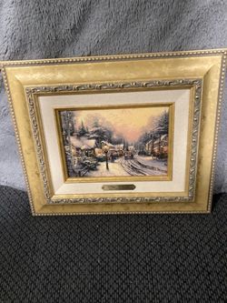 Village christmas thomas kinkade media art painting with gold frame with certificate