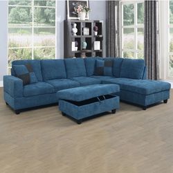 New Blue Sectional + Storage Ottoman  — Left or Right Chaise — Delivery Available 