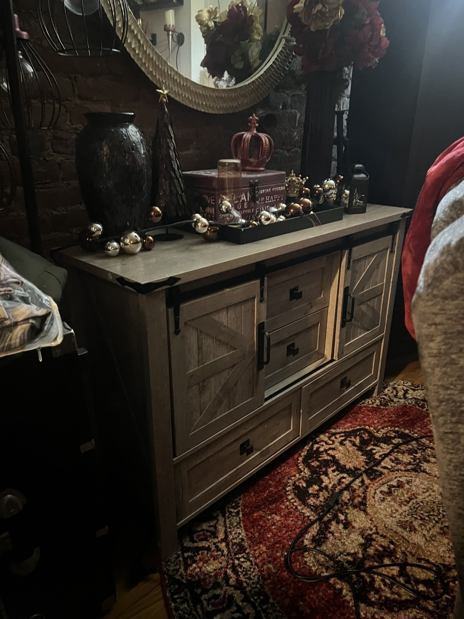 Gray Dresser/Sideboard/Media Table With Sliding Barn Doors And 4 Drawers And Shelves