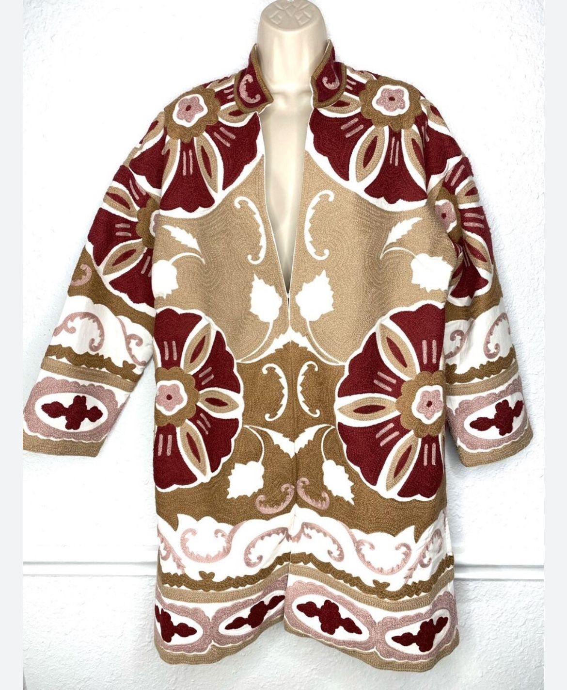 Soft Surroundings NWT Coat Alden Jacket Sz L Crewel Embroidery Cotton Beige Red