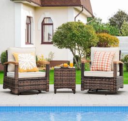 3 Piece Outdoor Swivel Rocker, Patio Furniture Bistro Set with 360° Wood Armrests Swivel Rocking Chairs and Side Table (Beige)