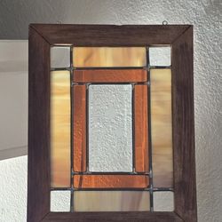 Mid Century Style Stained Glass Suncatcher, Warm Tones Window Art w/ Etched Botanicals 