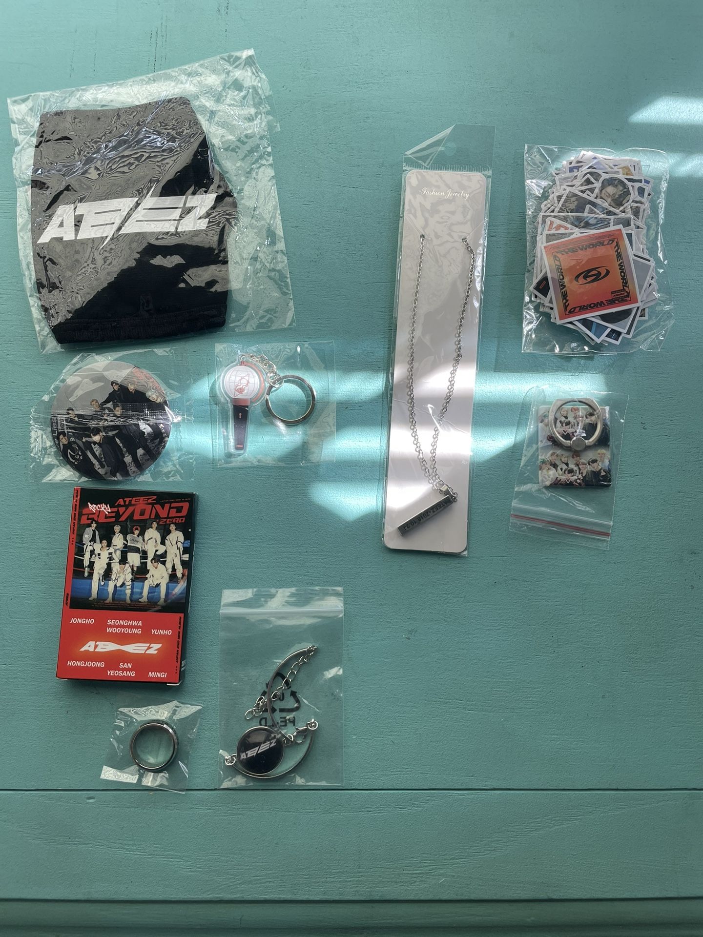 Kpop Gift Set for Ateez, Photocard, Stickers, Bracelet, Face Shield, Ring, Pendant Necklace, Button Pin, Phone Ring Holder, Keychain