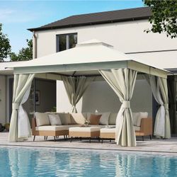 LAUSAINT HOME 12'x12' Outdoor Gazebo, Metal Frame Heavy Duty Patio Canopy Tent Shelter with Double Roofs, Mosquito Nettings and Privacy Screens for Ba