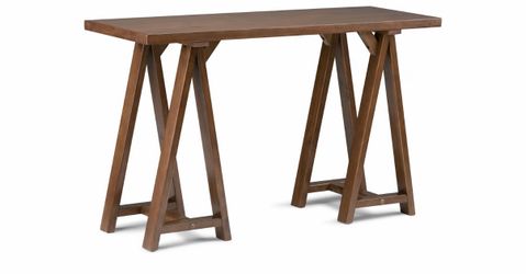 Console Table - 50 Inch Wide Solid Wood Sofa Table in Medium Saddle Brown, Modern Industrial Entryway Table for Living Room with Extra Thick Top and S