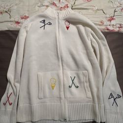 Vintage Womens L Quantum Ivory Golf Golfing Cardigan Sweater Embroidered Fun!