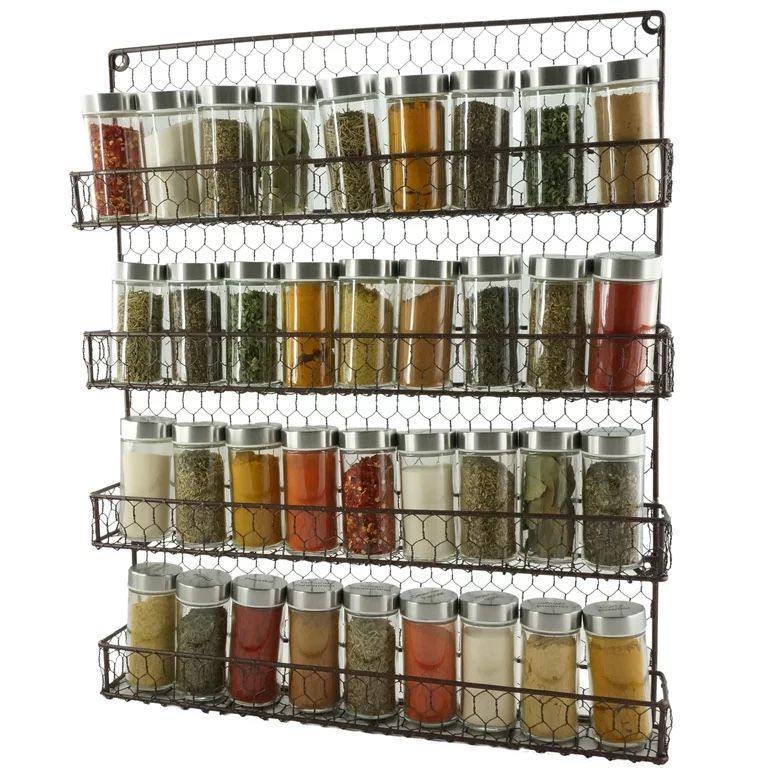 4 Tier Metal Spice Rack Wall Mount Organizer Pantry Cabinet Jar Storage Closet Door Cupboard Mounted Holder Raw Rustic Brown