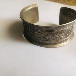 Vintage Silver tone Cuff Bracelet Etched Designs On Bracelet Fish Flowers 3 inches Wide