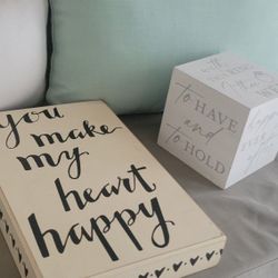 Set of 2 ... Wooden Decor Sign By Designs By Kathy And Wood Wedding Vow Cube. Both together for $10. Like New. 