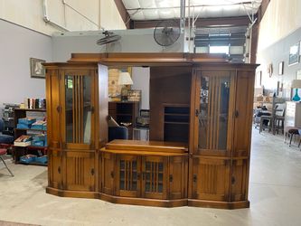 Vintage JCPenny Large solid wood mission style media entertainment center adjustable cabinet with lights & shelves