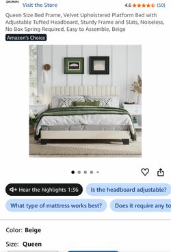 Queen Size Bed Frame, Velvet Upholstered Platform Bed with Adjustable Tufted Headboard, Sturdy Frame and Slats, Noiseless, No Box Spring Required, Eas