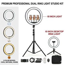 18 Inch & 10 Inch LED Ring Light Kit Bluetooth Remote 4 Phone Holders Tripod