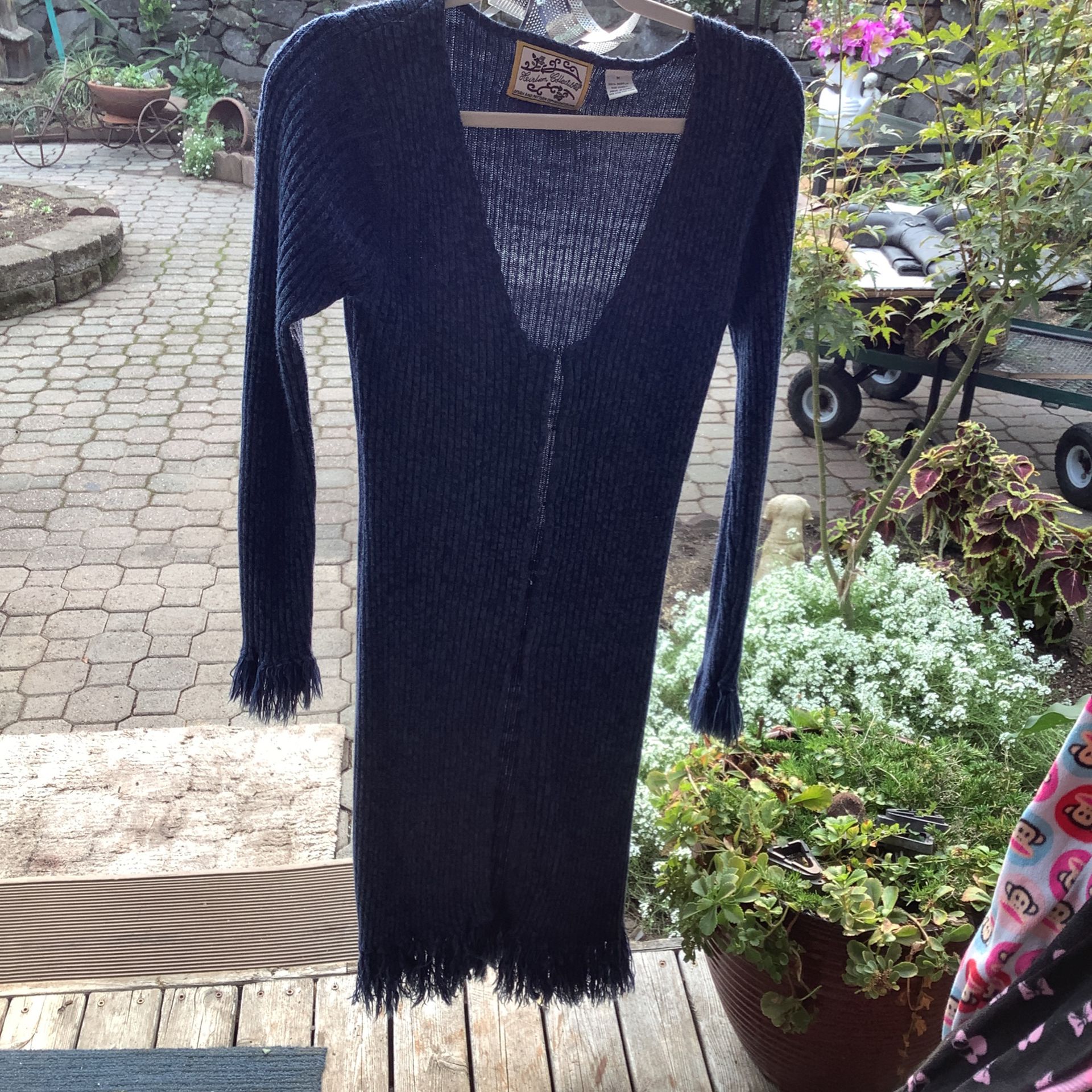 Woman’s Long Blue Fringed Sweater