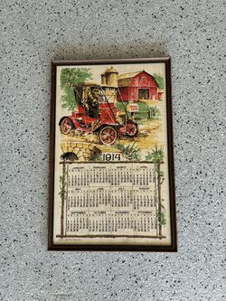 Vintage Framed Antique 1914 Cloth Car Calendar. Approx. 17x26. Pre Owned.