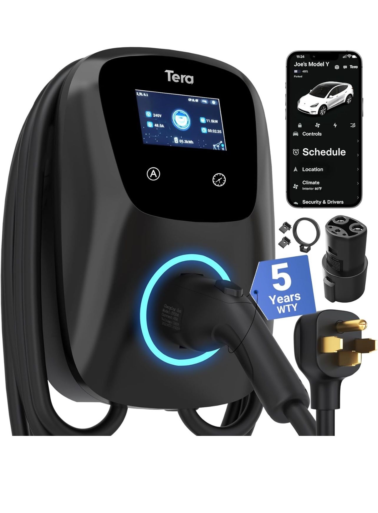 Tera for Tesla Electric Vehicle (EV) Charger: Level 2 J1 Fully Upgraded ETL Energy Star 48A with Manual Setting Amps & Schedule on Unit 240V -