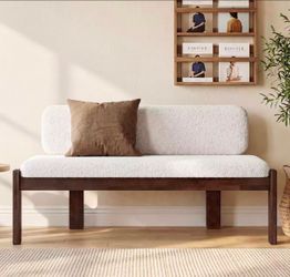 SL0266 Shoe Bench for Entryway with Backrest, 55 Inch Upholstered Bench with White Faux Shearling Cushion and Solid Wood Frame, Modern Entryway Bench 