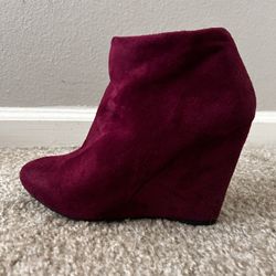 Burgundy Faux Suede Wedge Ankle Booties – Size 7