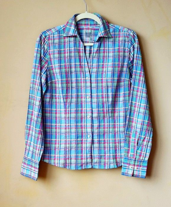Designer Italy Cotton Plaid Button Down Collared Top Shirt Women's Size M Medium Tee T Blouse