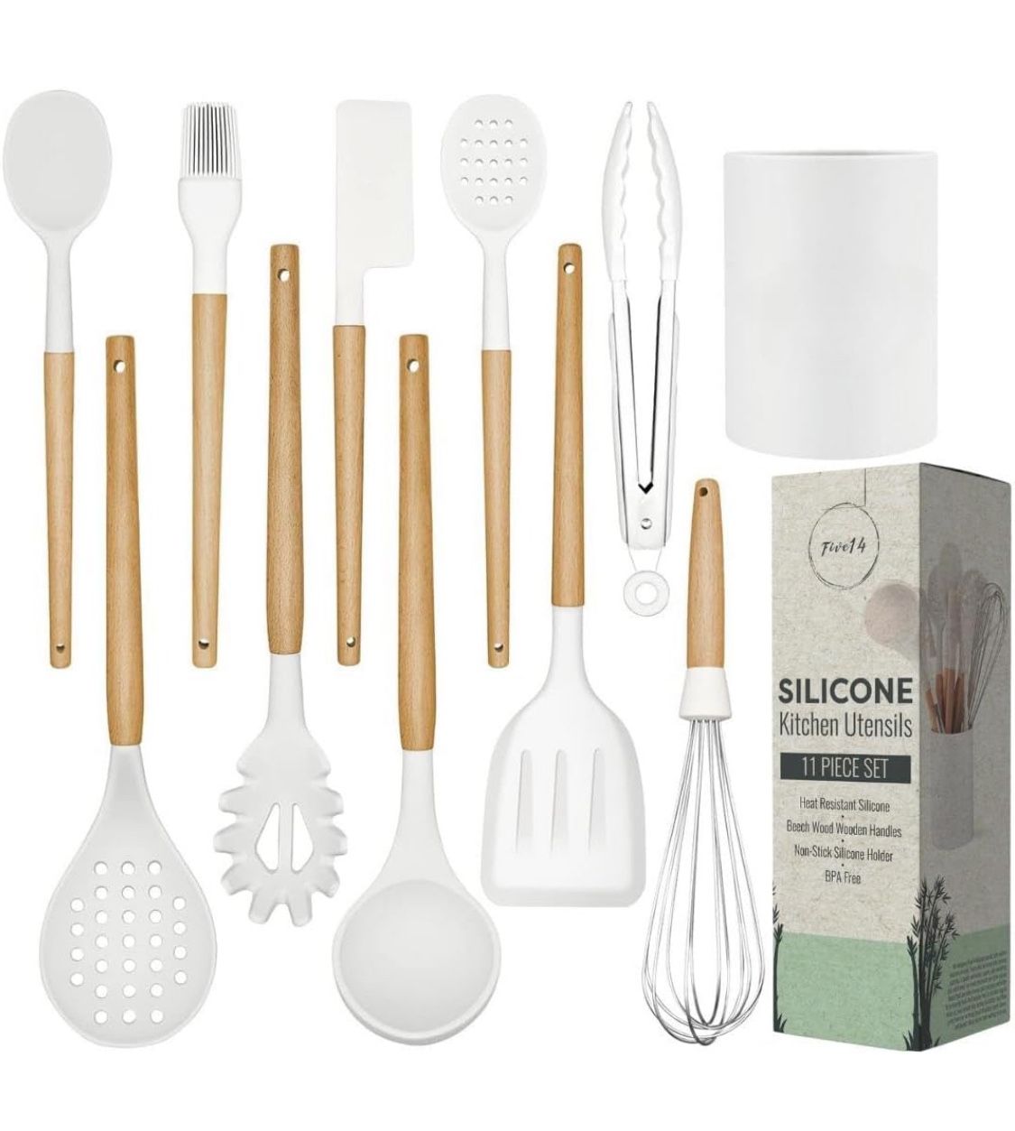 Five14 White Silicone Kitchen Utensils Set with Holder