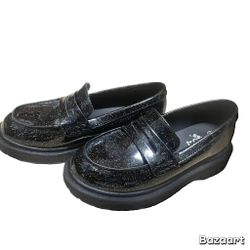 Sz 13 Girls Celia Black Pattent W/ Glitter Slip-On Loafers Black Onyx  art class