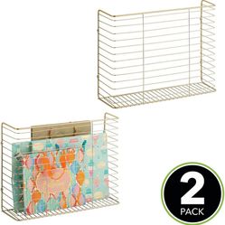 mDesign 2-Pack Metal Wire Farmhouse Wall Mount Magazine Holder, Storage Organizer, Space Saving Compact Rack, Soft Brass Gold