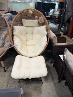 New Birdcage Lounge Chair 450 Ibs Capacity Indoor Outdoor Wicker Birdcage Egg Chair Set w/ Ottoman Footrest