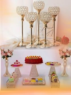 ✨ Luxury Gold Crystal Candle Holder Set + Dessert Stands ✨