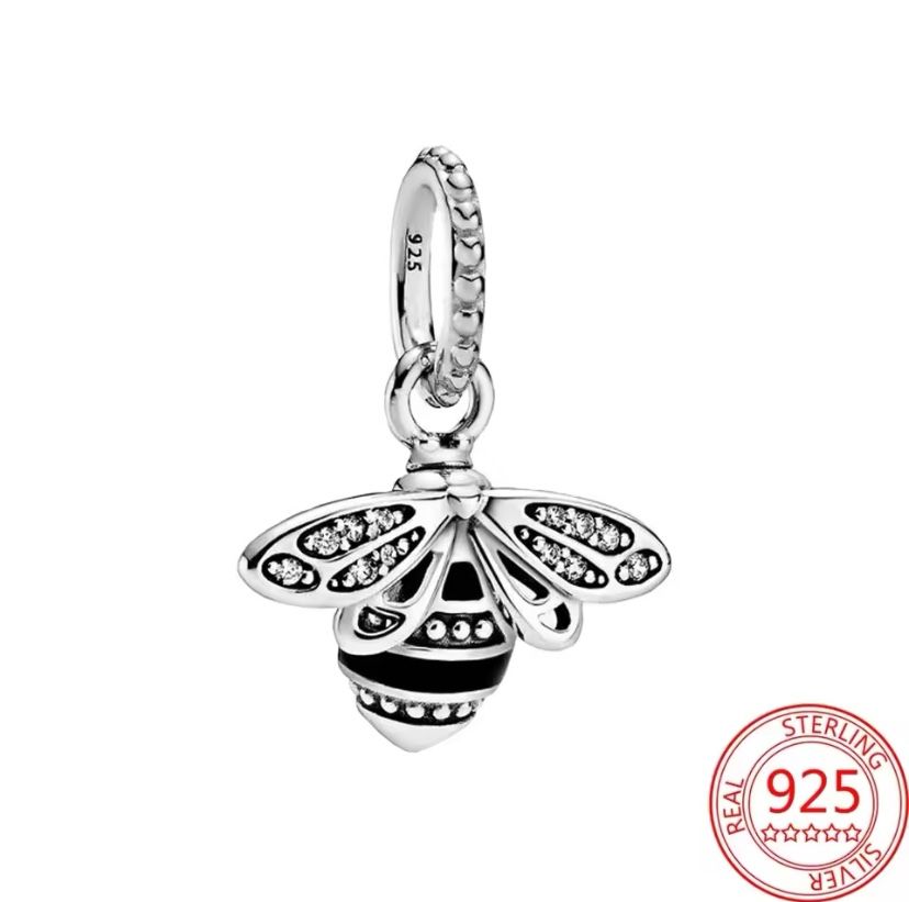 Sparkling Queen Bee Pendant Black Enamel CZ S925 Sterling Silver Dangle Charm