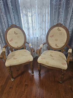 Pair of Ornate Wood Upholstered Accent Armchairs