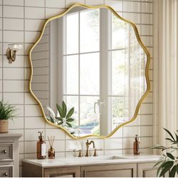 Round Wavy Mirror - 30 Inch Bathroom Vanity Mirror Metal Frame Circle Wall Mounted Mirror for Bedroom Living Room Entryway, Gold