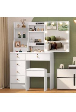 New in the box Umeiga Small Vanity Desk with Mirror and Lights, 32" Makeup Vanity Table with Sliding Mirror, Drawers and Chair, Hollywood Vanity with