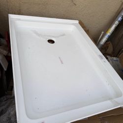 Shower Pan Base in White with Square Chrome Right Drain 48 x36