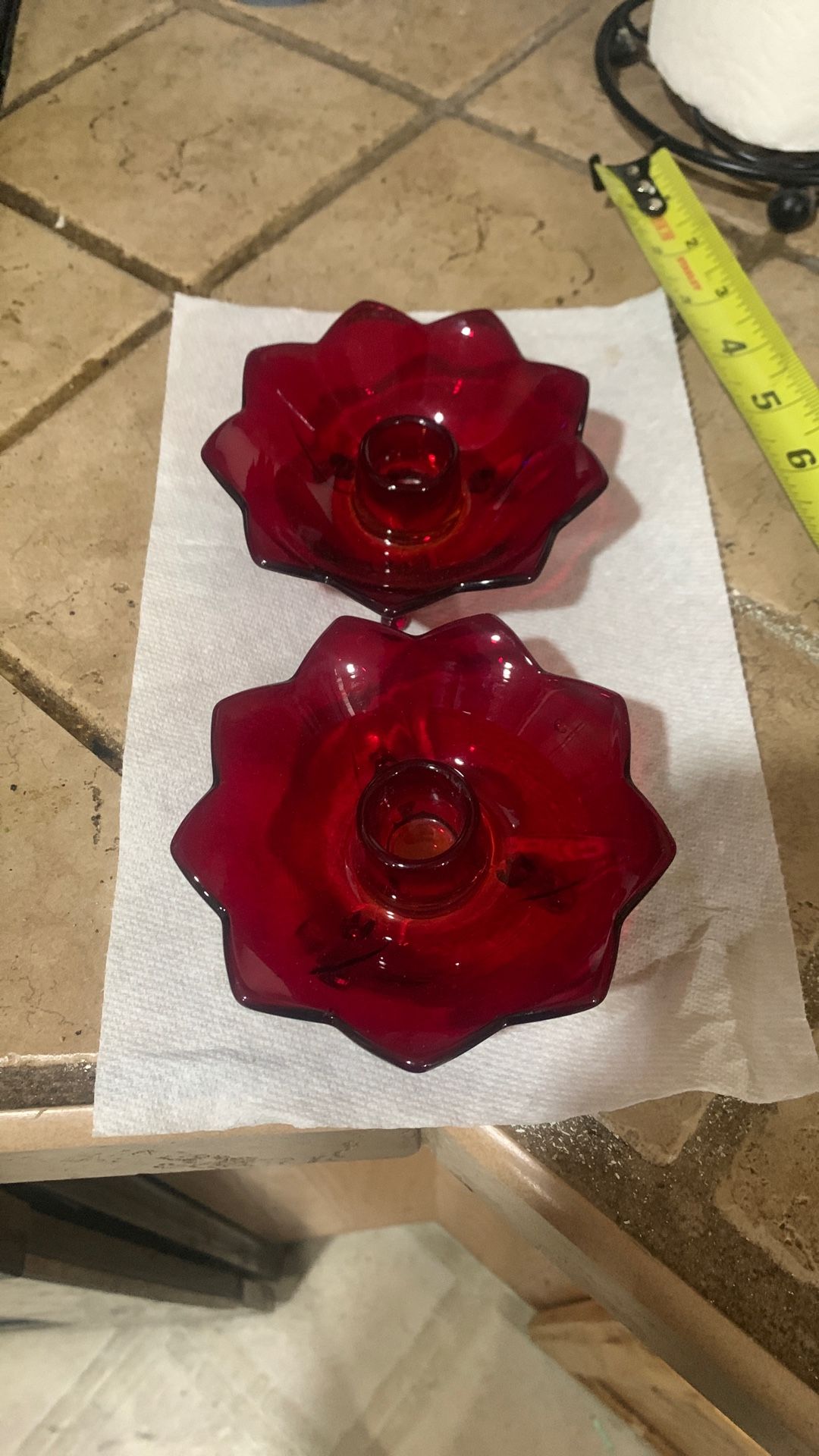 Vintage Ruby Red Glass Candle Holders Pair Footed Lotus Flower GLOWS Cadmium
