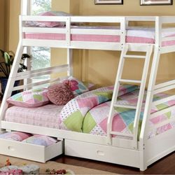Brand New White Twin Over Full Bunk Bed w Trundle Drawers