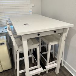 White Wood Dining Table – Sturdy, Minor Ink Stains – No Chairs